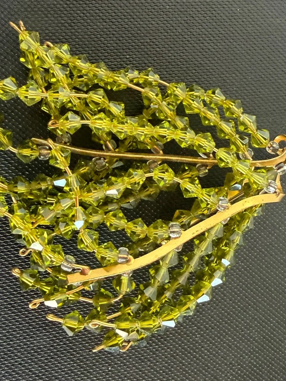 Vintage Suncatcher Brooch with Strands of Faceted Olivine-Colored Glass Beads